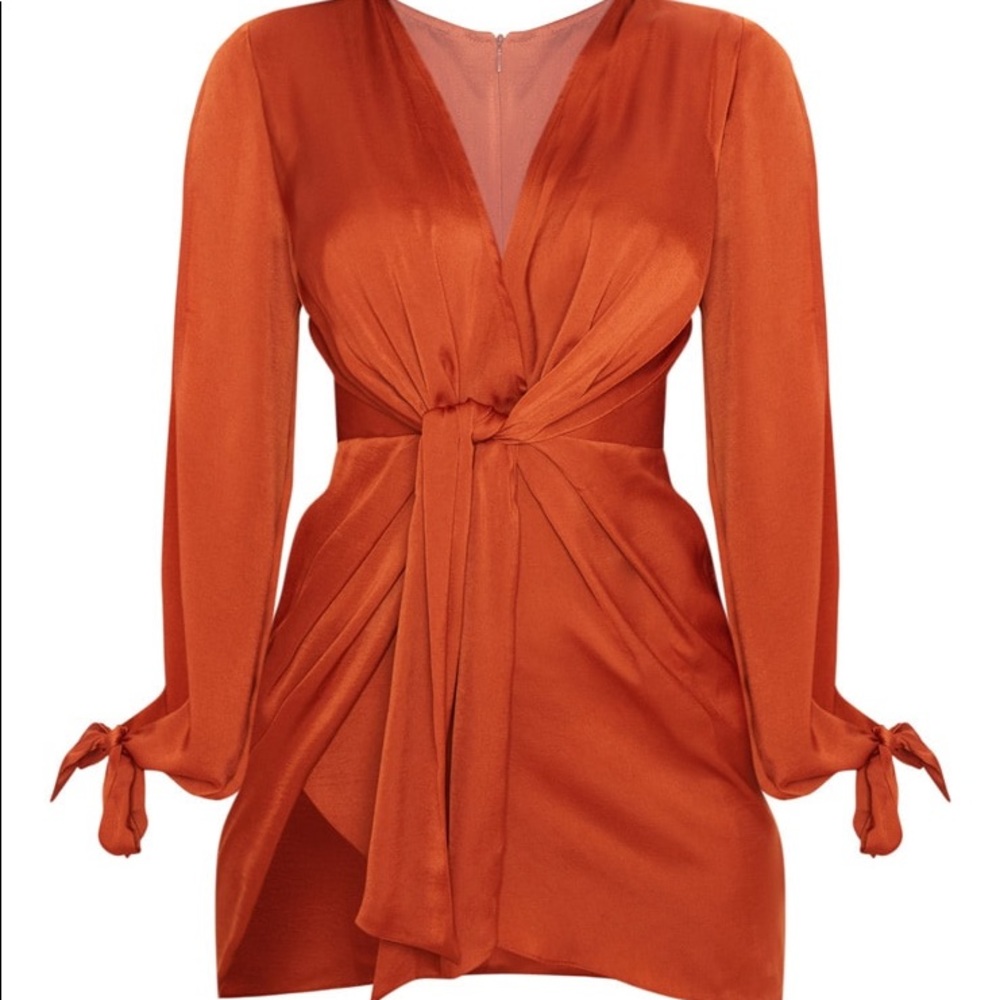 Rust Satin Twist Front Open Sleeve Wrap Dress